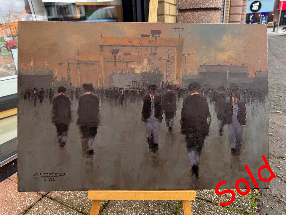 Original Oil on Canvas - Yardmen, Ship & Cranes