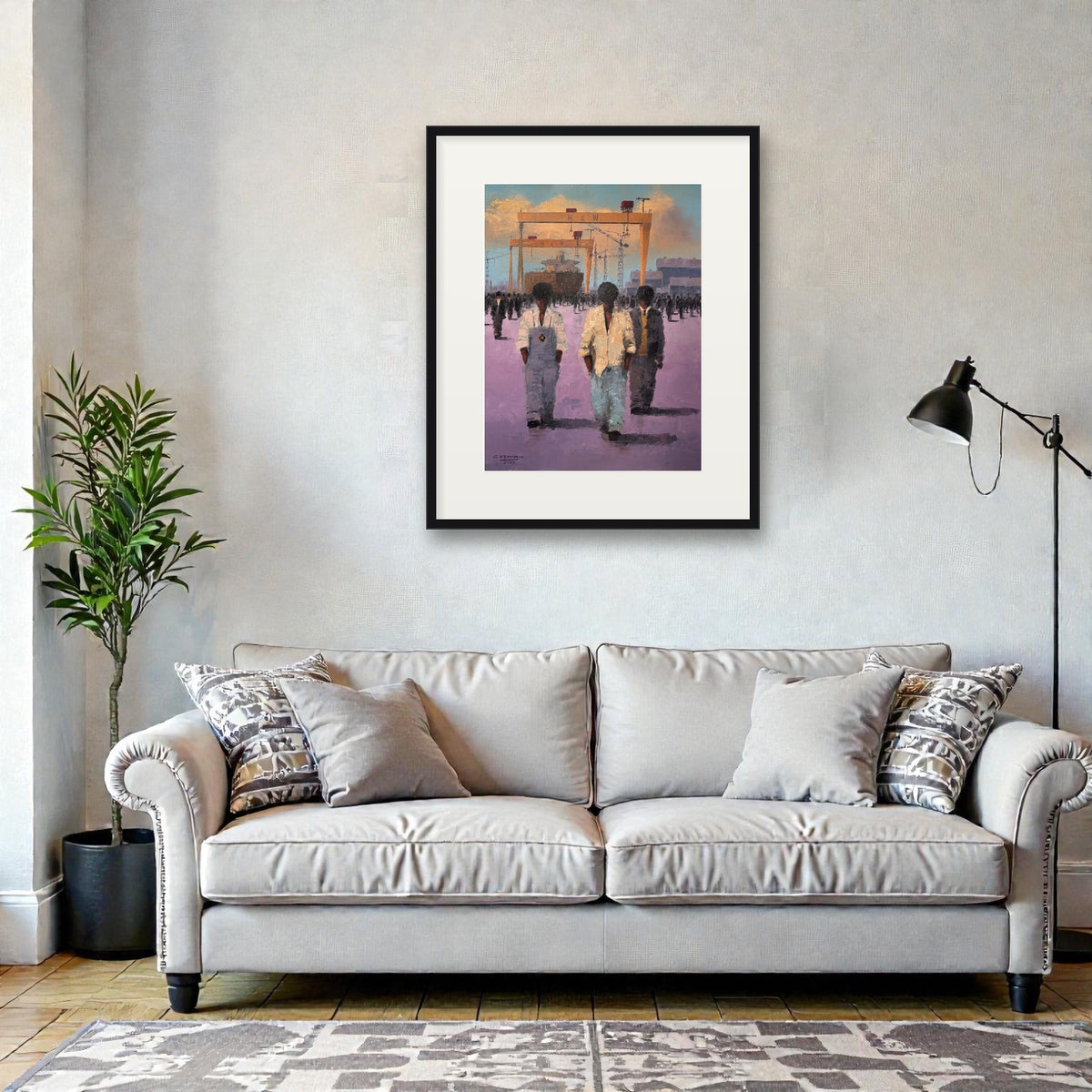 Clocked Out, Heading Home by Colin H. Davidson - signed limited edition print shown framed above a sofa