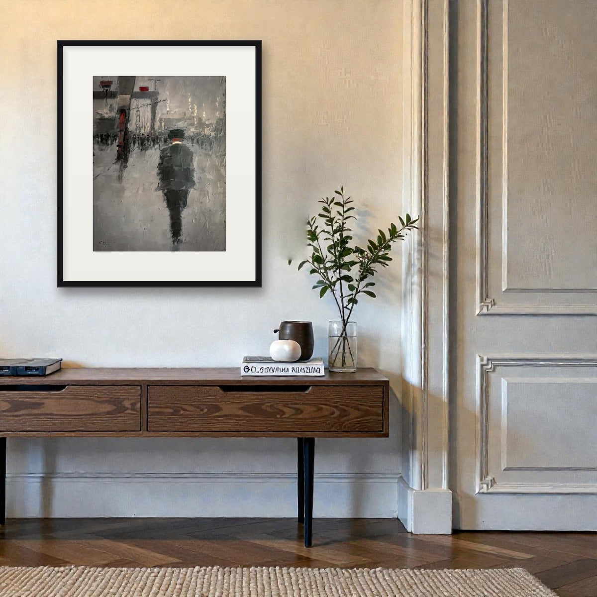 Feckin Late Again by Colin H. Davidson - signed limited edition print shown framed above a console table