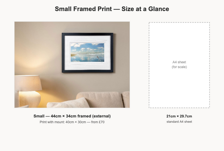 Small framed print size reference — 44cm x 34cm framed, compared to an A4 sheet