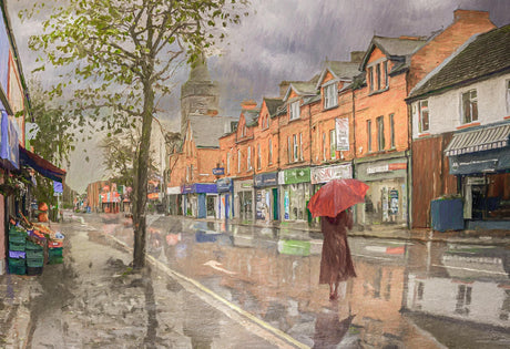 Under The Red Umbrella, Ballyhackamore - signed limited edition print by Lucas Creative Art