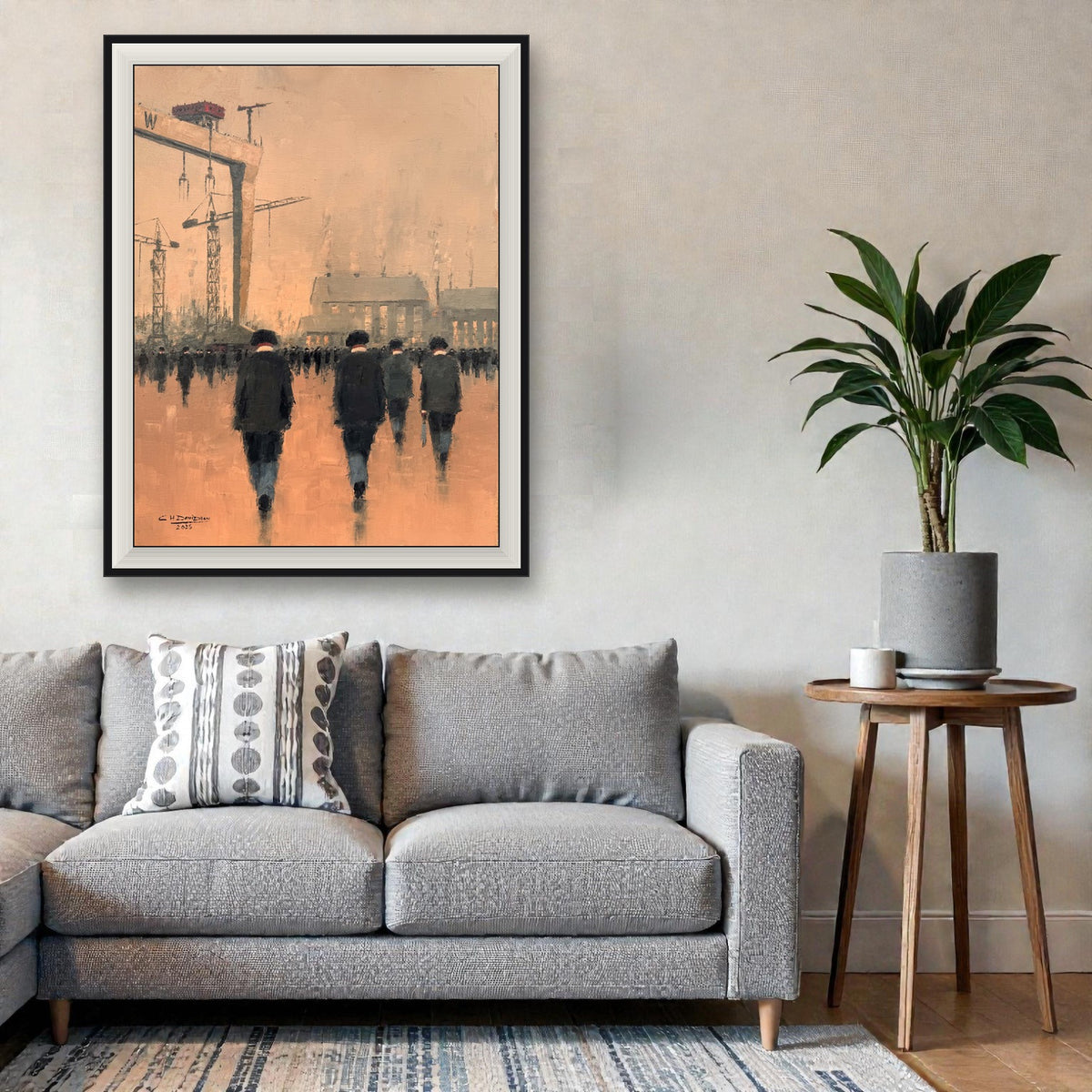 Yardmen And Goliath by Colin H. Davidson - XL premium canvas shown framed above a sofa